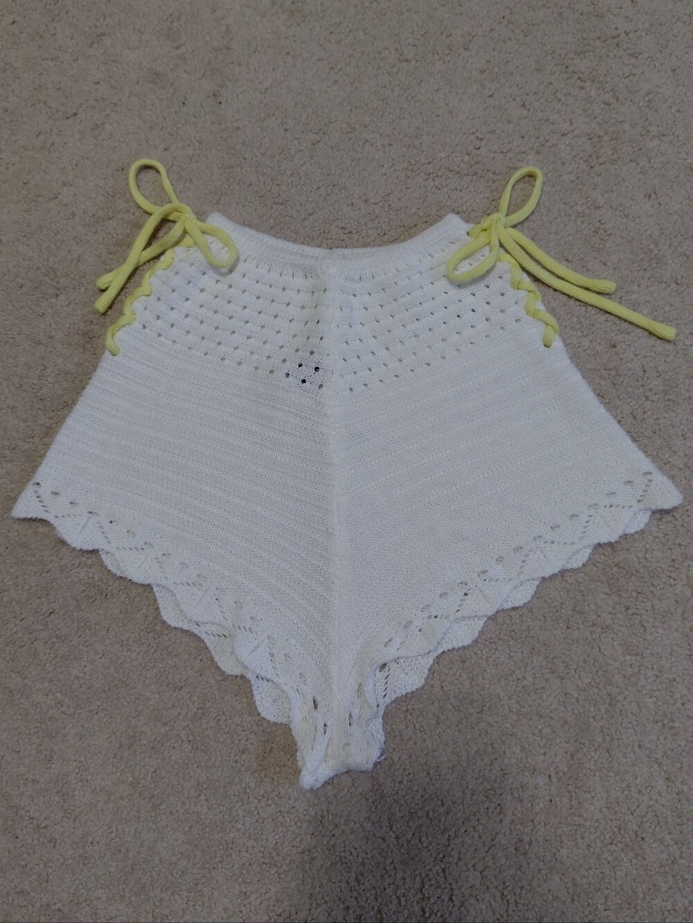 SHEIN White Knit Crochet Shorts with Yellow Tie Straps